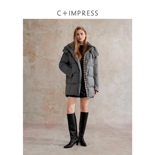 西嘉 新国标90白鸭绒 羽绒服女连帽中长款格子撞色保暖外套25新款YRF2504084 商品图3