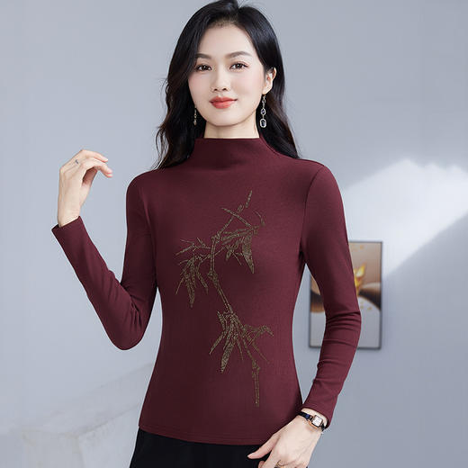 丁摩 加绒保暖打底衫女洋气镶钻半高领一体绒T恤LR58127 商品图2