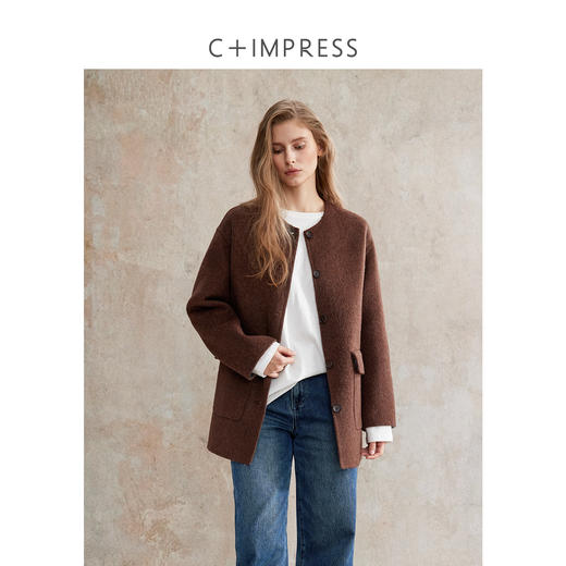C+IMPRESS西嘉 羊驼毛羊毛 格纹异色双面呢围巾大衣女短款外套冬DY2504067 商品图4