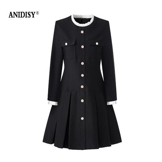 木耳花边立领长袖单排扣修身百褶连衣裙 商品图4