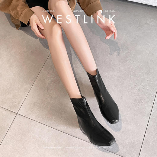 西遇内增高短靴女新款秋冬韩系百搭洋气小踝靴黑色方头瘦瘦靴V2157198 商品图2