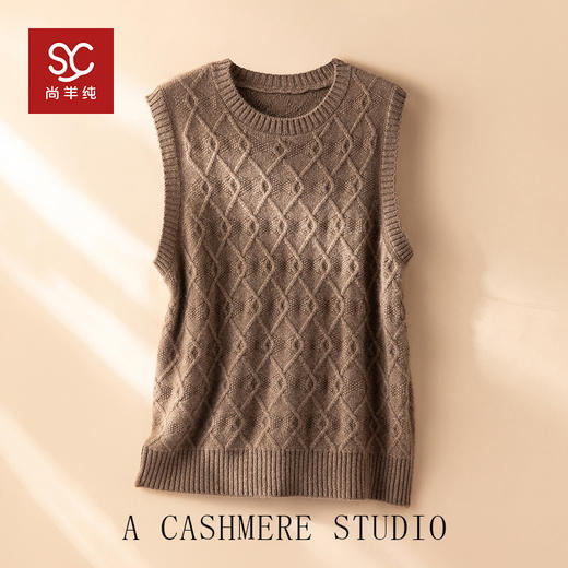 暖意洋洋~100山羊绒圆领马甲女重工绞花无袖毛衣坎肩 商品图0