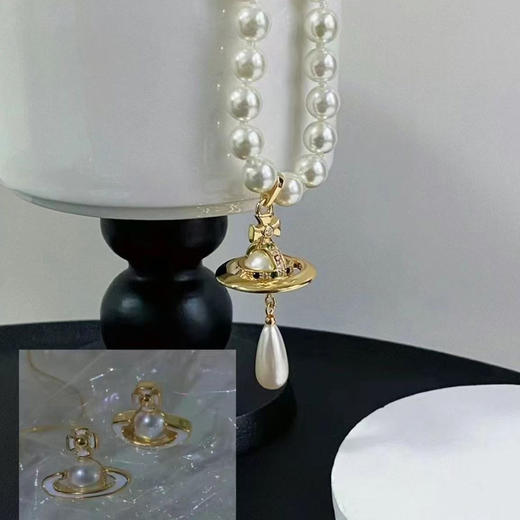 春日限定【抢先购】Vivienne西太后珍珠水滴吊坠土星项链j金色/银色   西太后珍珠水滴吊坠土星耳饰银色/金色-mi_bba 商品图2