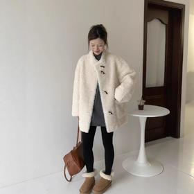 丁摩 100绵羊羔毛牛角扣冬季新皮毛一体皮草外套