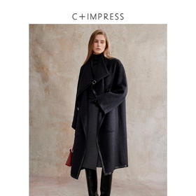 C+IMPRESS/西嘉美丽诺绵羊毛 黑色双面呢大衣女中长款拼皮边外套DY2504027