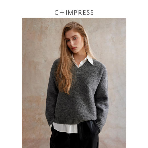 C+IMPRESS西嘉 美丽诺绵羊毛 宽松圈圈毛慵懒感套头毛衣女编织V领MY2504079 商品图1