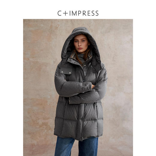 西嘉 新国标90白鸭绒 羽绒服女连帽中长款格子撞色保暖外套25新款YRF2504084 商品图4