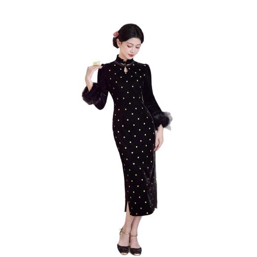 MYJ 黑色丝绒加绒加厚旗袍收腰遮肉复古旗袍波点连衣裙 商品图4