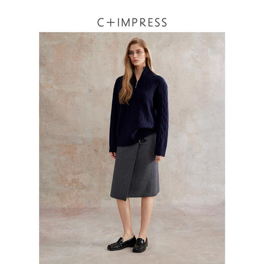 C+IMPRESS/西嘉美利奴羊毛 腰头拼接皮袢裙经典百搭直筒半身裙冬BQ2504032 商品图3