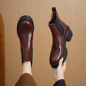 【预售5天】真皮圆头厚底马丁靴女秋冬粗跟防水台烟筒瘦瘦靴切尔西短靴DTN&561-2