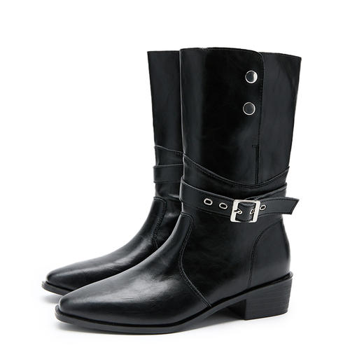 西遇尖头短靴女新款秋冬复古皮带扣两穿中筒靴黑色粗跟瘦瘦靴V2257243 商品图4