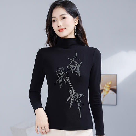 丁摩 加绒保暖打底衫女洋气镶钻半高领一体绒T恤LR58127 商品图4