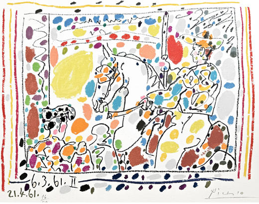 独角鹿西洋古董 1961年法国出品西班牙艺术家签名创作彩色石版画「Le Picador II骑士 II」 商品图1