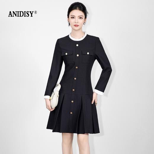 木耳花边立领长袖单排扣修身百褶连衣裙 商品图1