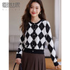 【年终特卖】熙世界黑白格子针织开衫女2025秋冬新款小个子圆领菱格毛衣短外套 商品缩略图0