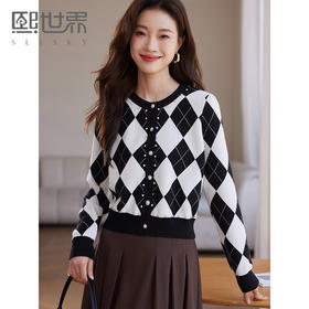 【年终特卖】熙世界黑白格子针织开衫女2025秋冬新款小个子圆领菱格毛衣短外套