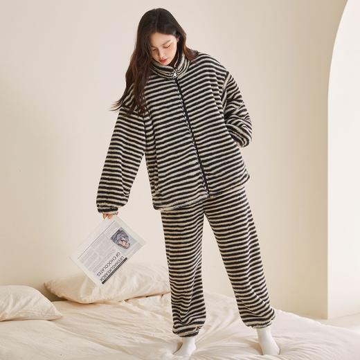 雀说 高级感条纹睡衣女加绒加厚保暖家居服25005 商品图2