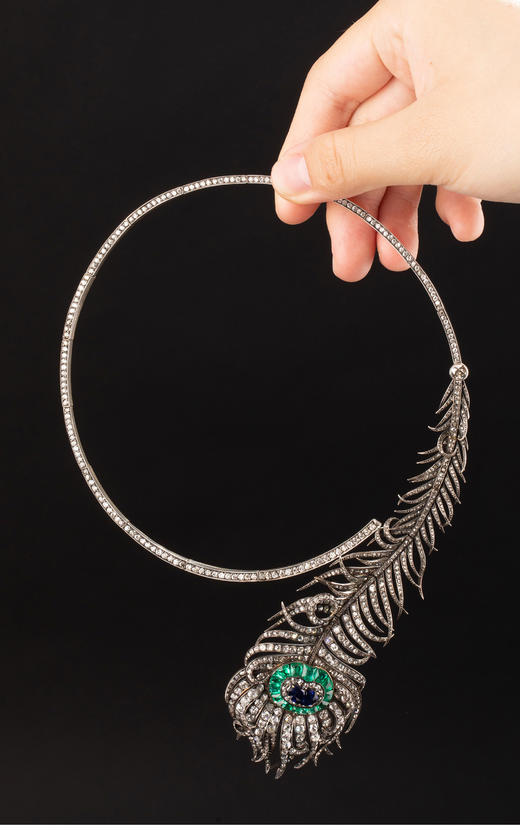 独角鹿西洋古董 1883法国设计出品俄罗斯大公定制款金银叠打镶嵌蓝宝石祖母绿及钻石「孔雀羽毛」项链 商品图2