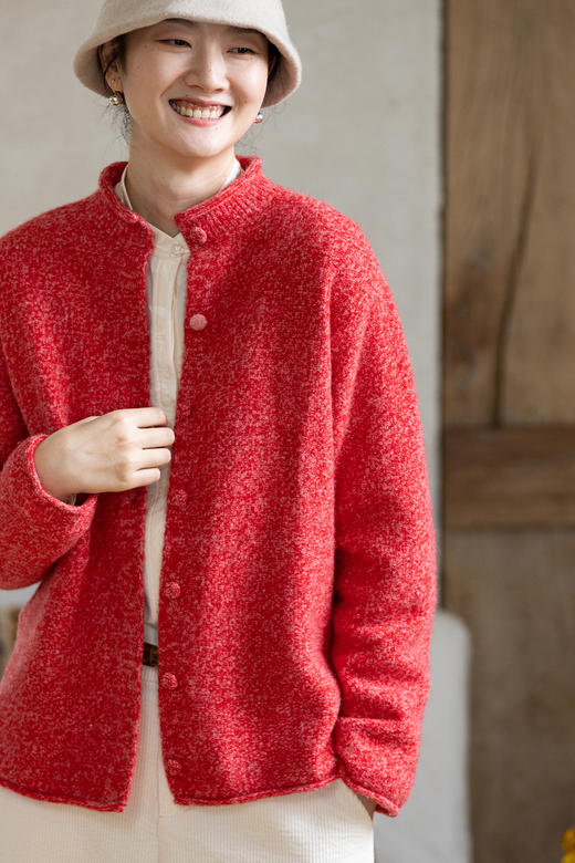 牧衣游原创 羊毛羊驼混织毛织外套蓬松软糯文艺百搭红色开衫 织语 商品图5