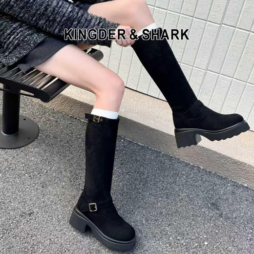 经典鲨2025年冬季专柜新品百搭圆头中粗跟显瘦及膝长筒靴女KW96-558031 商品图0