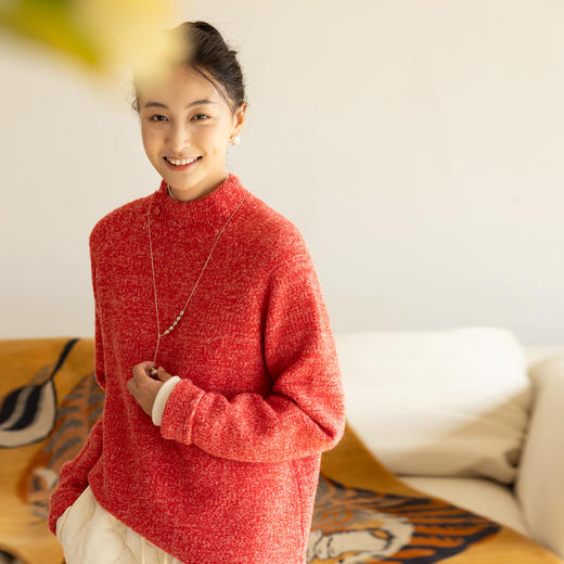 牧衣游原创 羊毛羊驼混织毛织套头衫女蓬松保暖红色毛衣 绒语各畔 商品图0