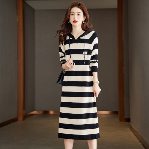 丁摩 连帽条纹针织卫衣连衣裙打底裙025-8213 商品图0