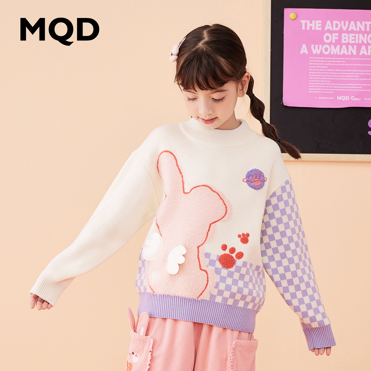 【MQD】童装女大童棋盘格半高领毛衣秋冬洋气女孩小兔子甜美针织衫