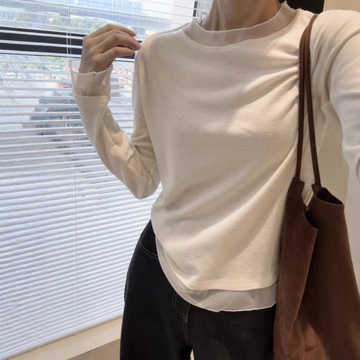 丁摩 蕾丝打底~网纱拼接打底衫春秋长袖弹力直筒拼纱T恤5ZF-11176 商品图0