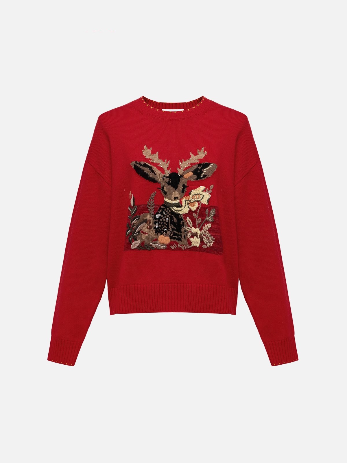圣诞C位战袍！雅*同款复古卡通小鹿提花毛衣
