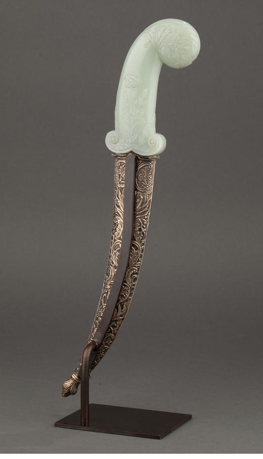 独角鹿西洋古董 19世纪奥斯曼帝国出品玉石雕花手柄花卉卷叶纹金银镶嵌半宝石装饰匕首【未开刃】 商品图2