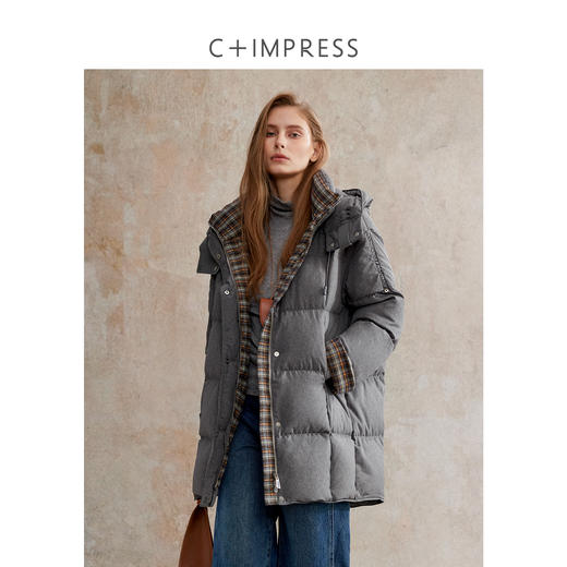 西嘉 新国标90白鸭绒 羽绒服女连帽中长款格子撞色保暖外套25新款YRF2504084 商品图1