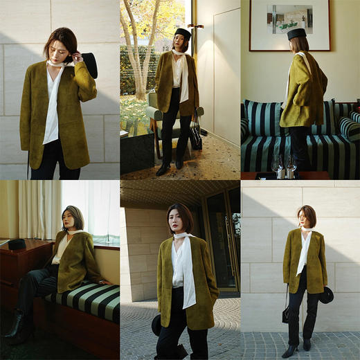 HIDEMI 橄榄姜绿进口长绒绵羊皮麂皮皮衣v领大廓形垫肩西装 商品图3