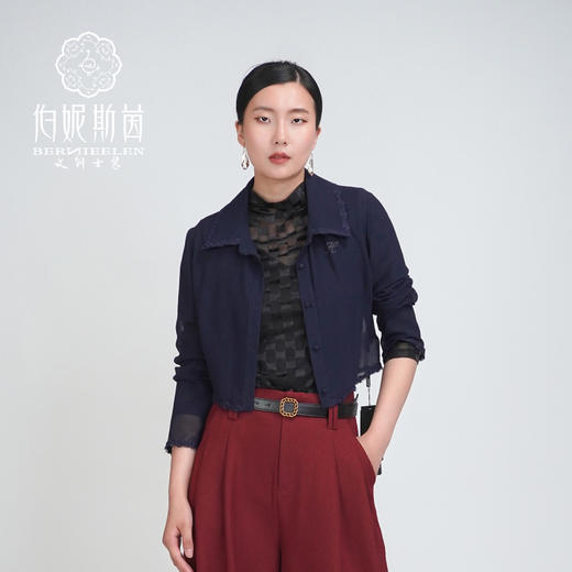 伯妮斯茵 | 简约通勤 藏蓝色翻领雪纺短外套 蕾丝毛边装饰 轻薄透气 职场日常款 SZ3A01-绀蝶色短外套 商品图0