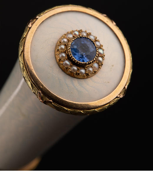 独角鹿西洋古董 1900年代英国出品黄金装饰白色玑镂珐琅嵌蓝宝石及海水珍珠古董手杖 商品图3