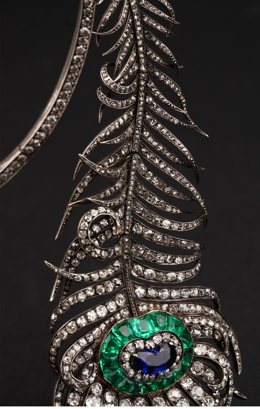 独角鹿西洋古董 1883法国设计出品俄罗斯大公定制款金银叠打镶嵌蓝宝石祖母绿及钻石「孔雀羽毛」项链 商品图3