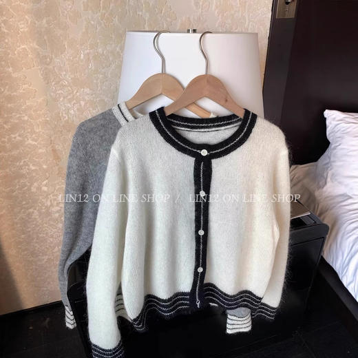 秋冬新款100纯羊毛衫开衫！女圆领撞色慵懒设计感毛衣外套时尚上衣！ 商品图3