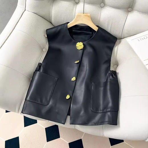 丁摩 真皮绵羊皮轻奢皮马甲无袖开衫 商品图0