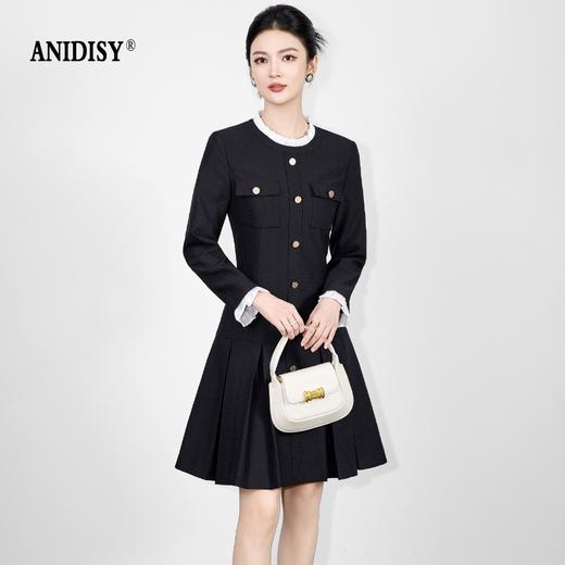 木耳花边立领长袖单排扣修身百褶连衣裙 商品图2