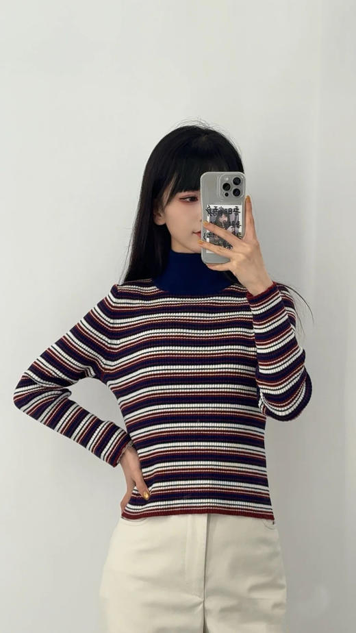 赛琳 25秋冬新款 半高领三色条纹毛衣(TM) 商品图3