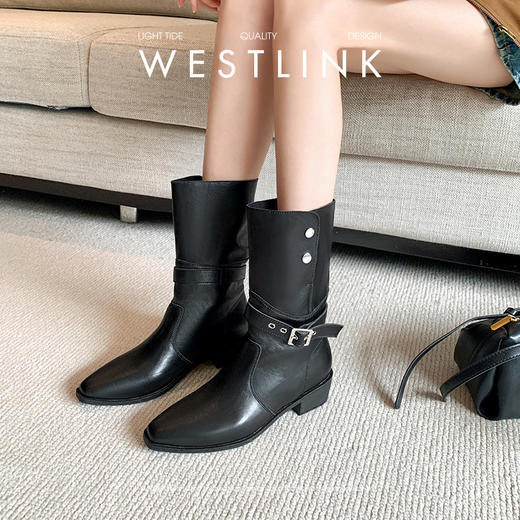 西遇尖头短靴女新款秋冬复古皮带扣两穿中筒靴黑色粗跟瘦瘦靴V2257243 商品图0