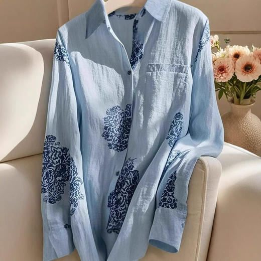 丁摩 重工高端别致超好看独特法式上衣蓝色印花衬衫女新款5ZF-9034 商品图3