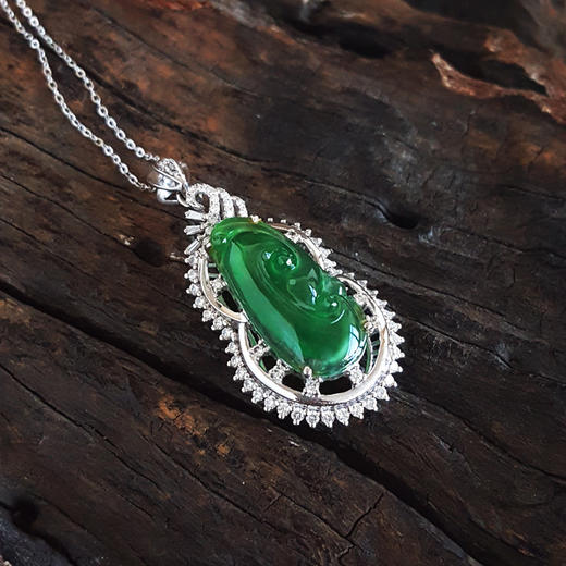 【天然正品】A货翡翠AU750白金豪镶钻镶天然细腻冰种满绿如意（万事如意）翡翠吊坠项链链长：45CM（长度可调节）女士281025AH24 商品图3