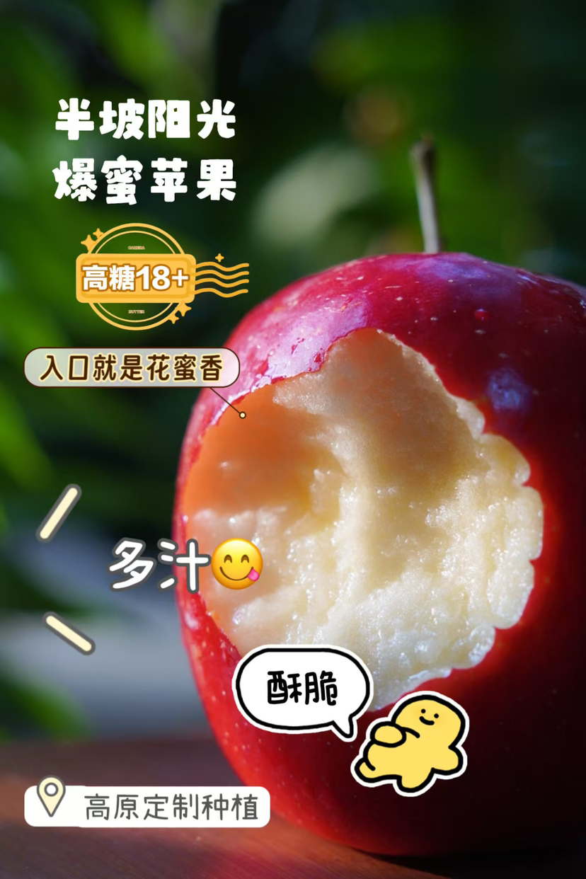 来自半坡阳光的爆蜜苹果，⬆️巨酥脆，汁水丰富💦 ⬆️纯生态种植，在园区附近村民自己在这里放牧，牛粪也是这里的天然养料，3斤/箱