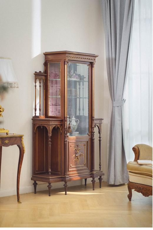 独角鹿西洋古董 1890年代法国出品新古典主义风格铜鎏金装饰胡桃木展示柜 商品图2