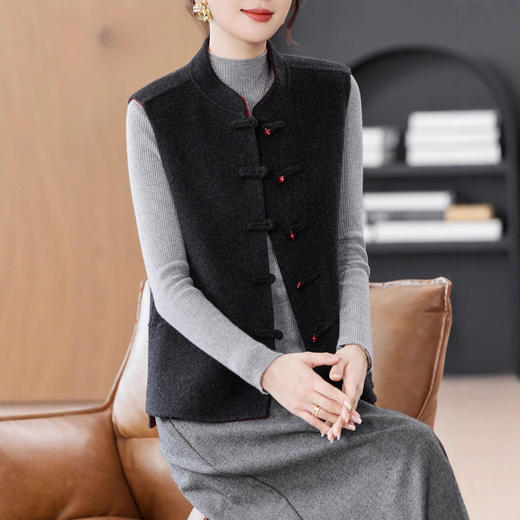 丁摩 新中式国风双面零羊绒马甲女秋冬新款外搭叠穿手工双面呢背心马甲62358 商品图3