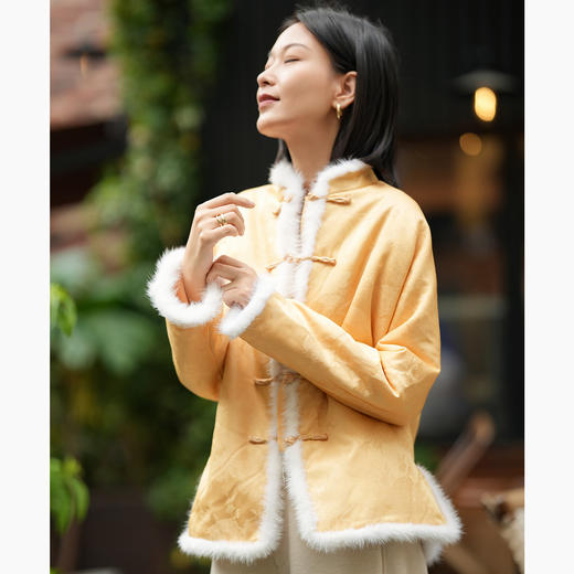 OPH XZ663新中式桑蚕丝水貂毛立领盘扣夹棉外套棉衣 商品图1