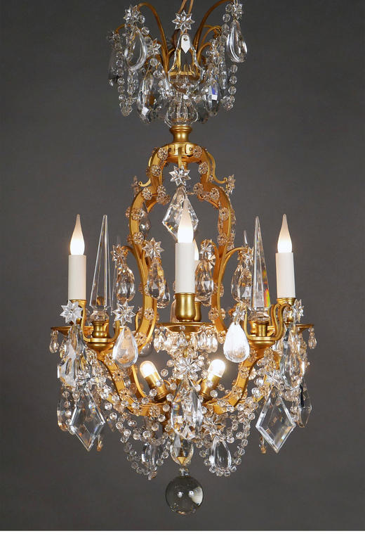 独角鹿西洋古董 1880年代法国出品路易十五风格「鸟笼」主题铜鎏金四枝头烛台式水晶吊灯 商品图1