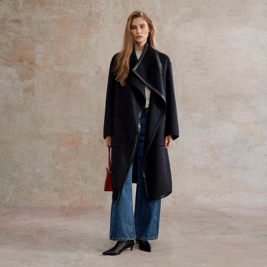 C+IMPRESS/西嘉美丽诺绵羊毛 黑色双面呢大衣女中长款拼皮边外套DY2504027 商品图2