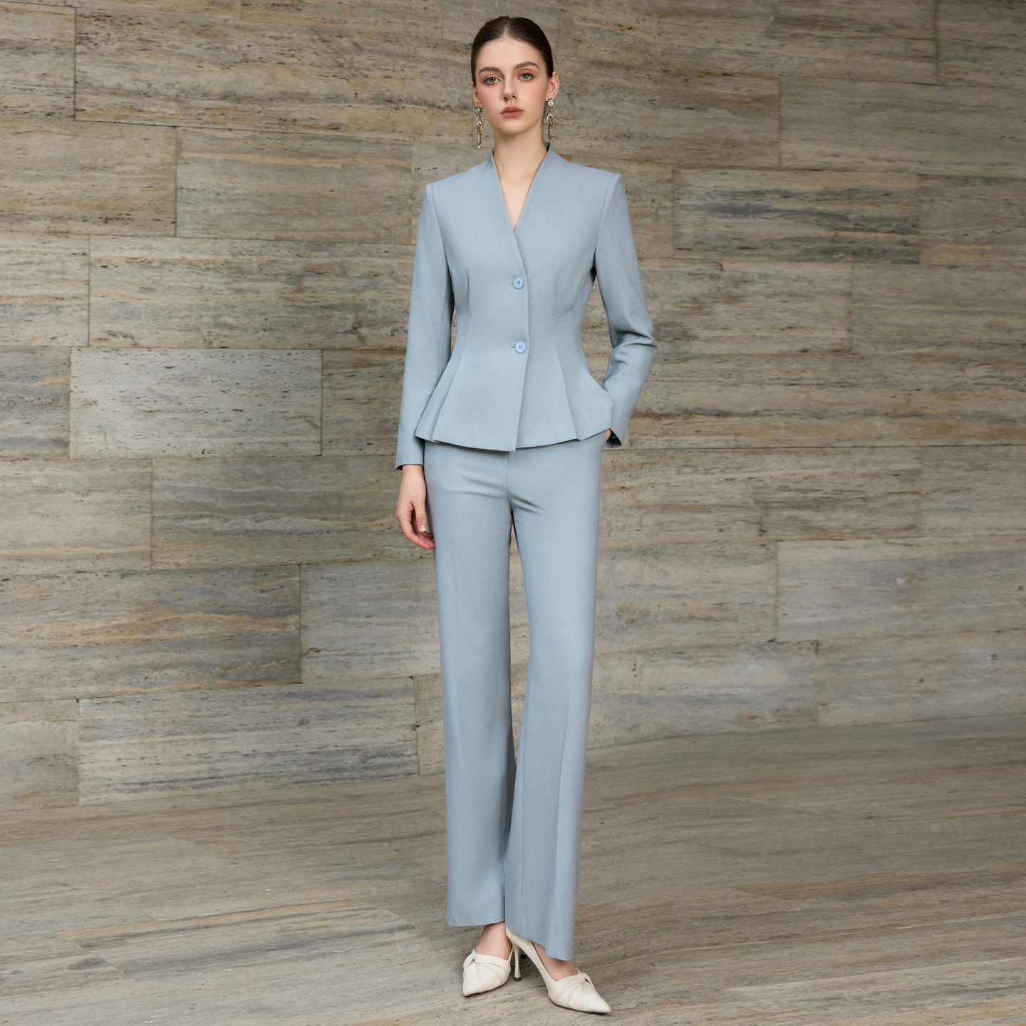 IWY/高级感蓝色无领西装套装女秋冬款职业装通勤正装气质工作服25CP878