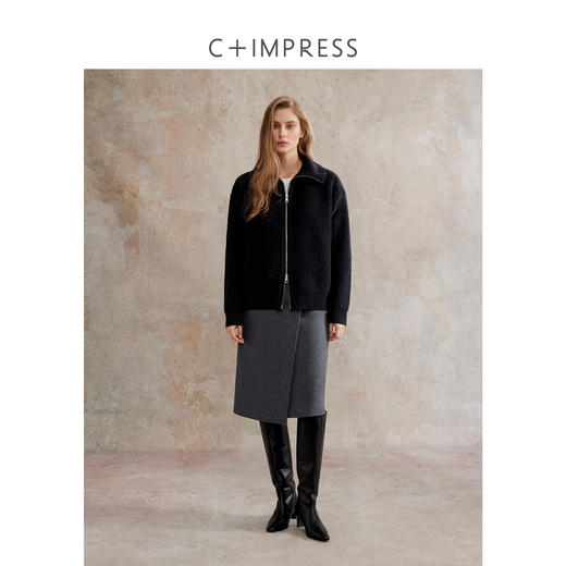 C+IMPRESS/西嘉美利奴羊毛 腰头拼接皮袢裙经典百搭直筒半身裙冬BQ2504032 商品图4